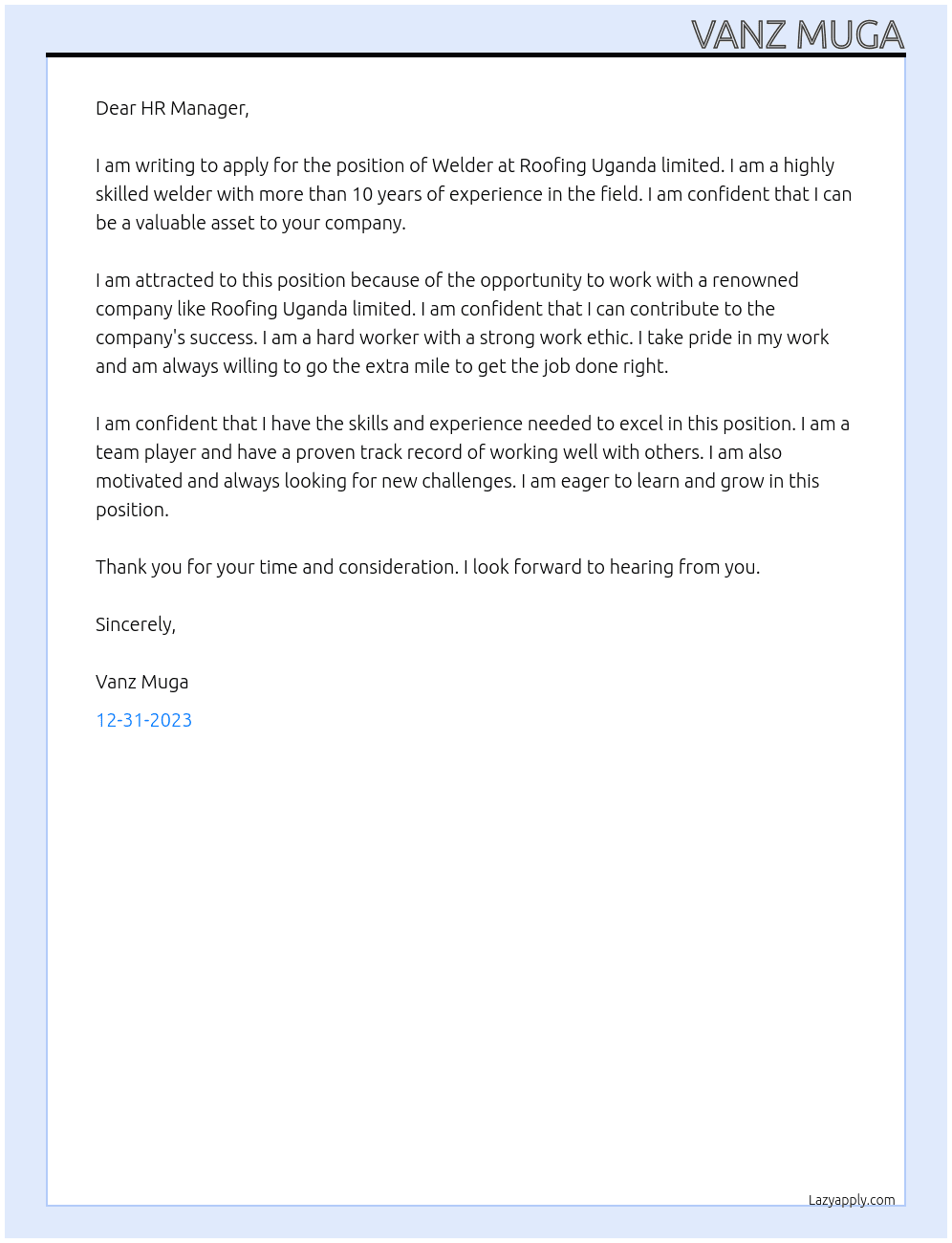 Welder  At Roofing Uganda limited  Cover Letter