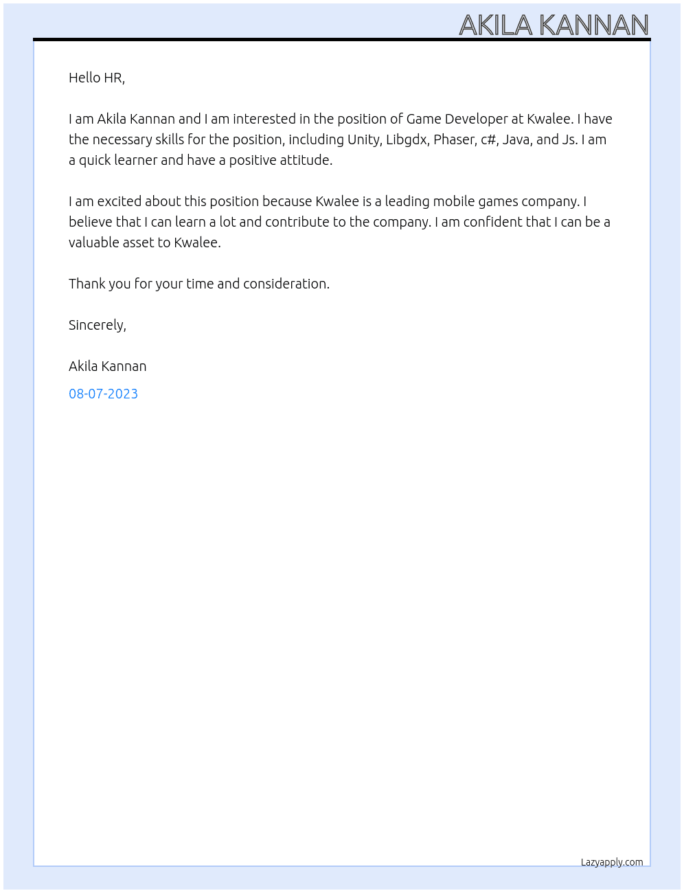 Game Developer  At Kwalee Cover Letter