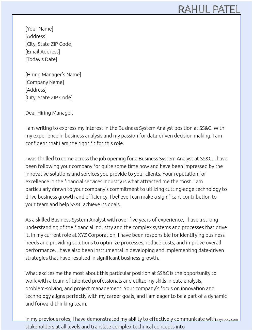 Business System Analyst At SS&C Cover Letter