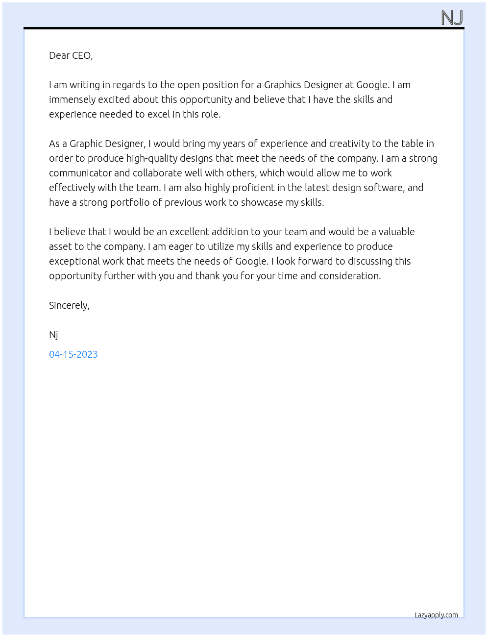 Graphics Designer  At Google  Cover Letter