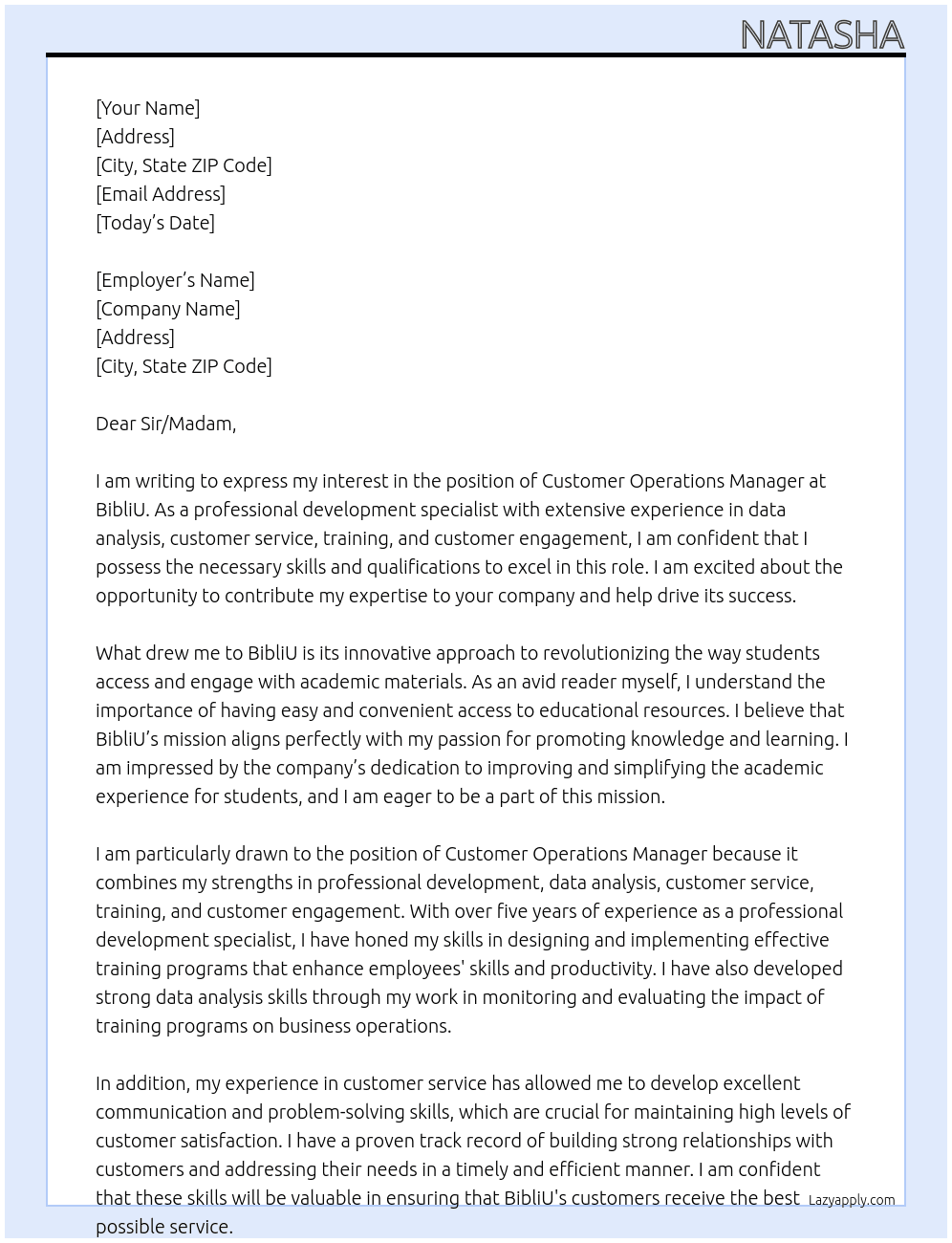 Customer Operations Manager At BibliU Cover Letter