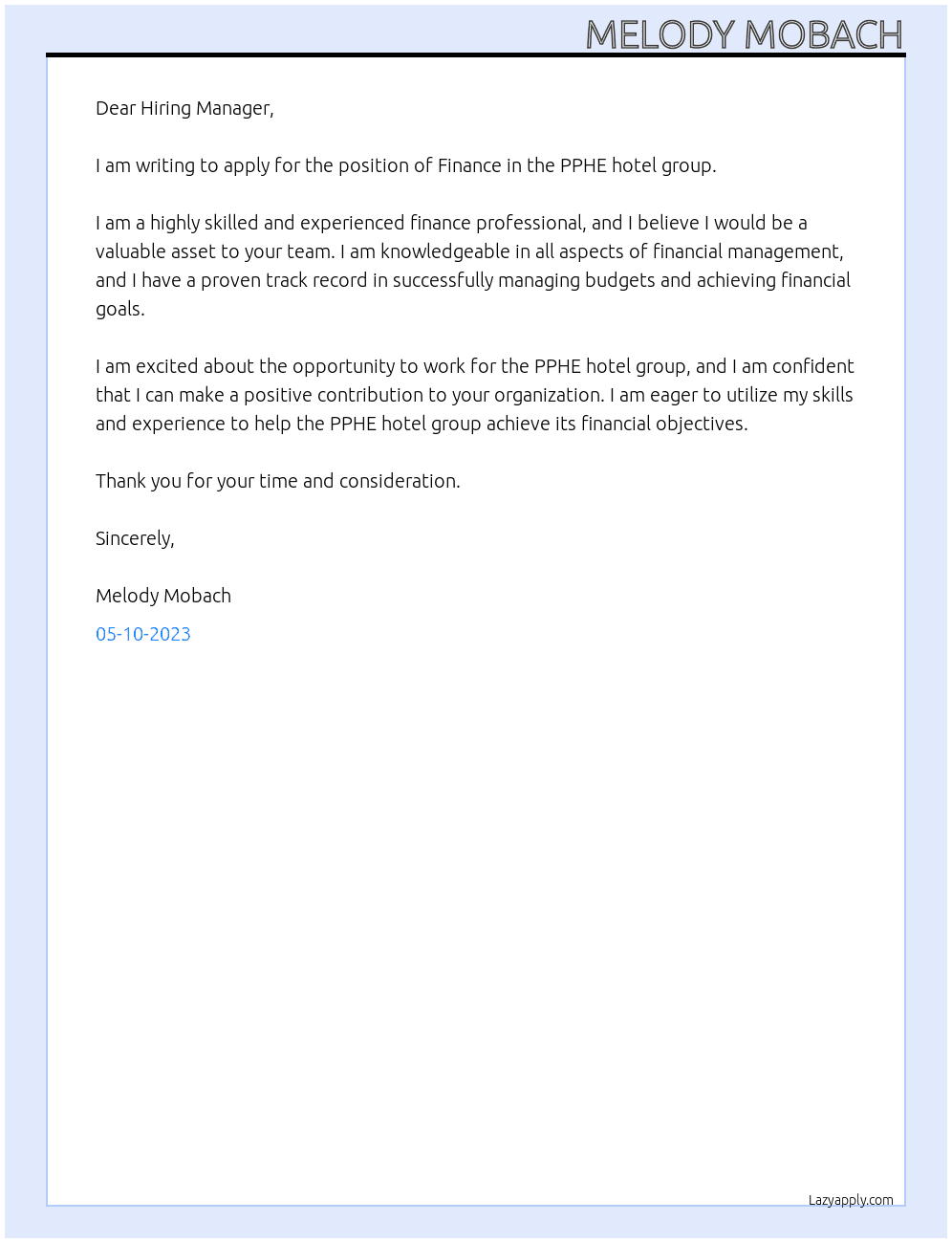 Finance At PPHE hotel group Cover Letter