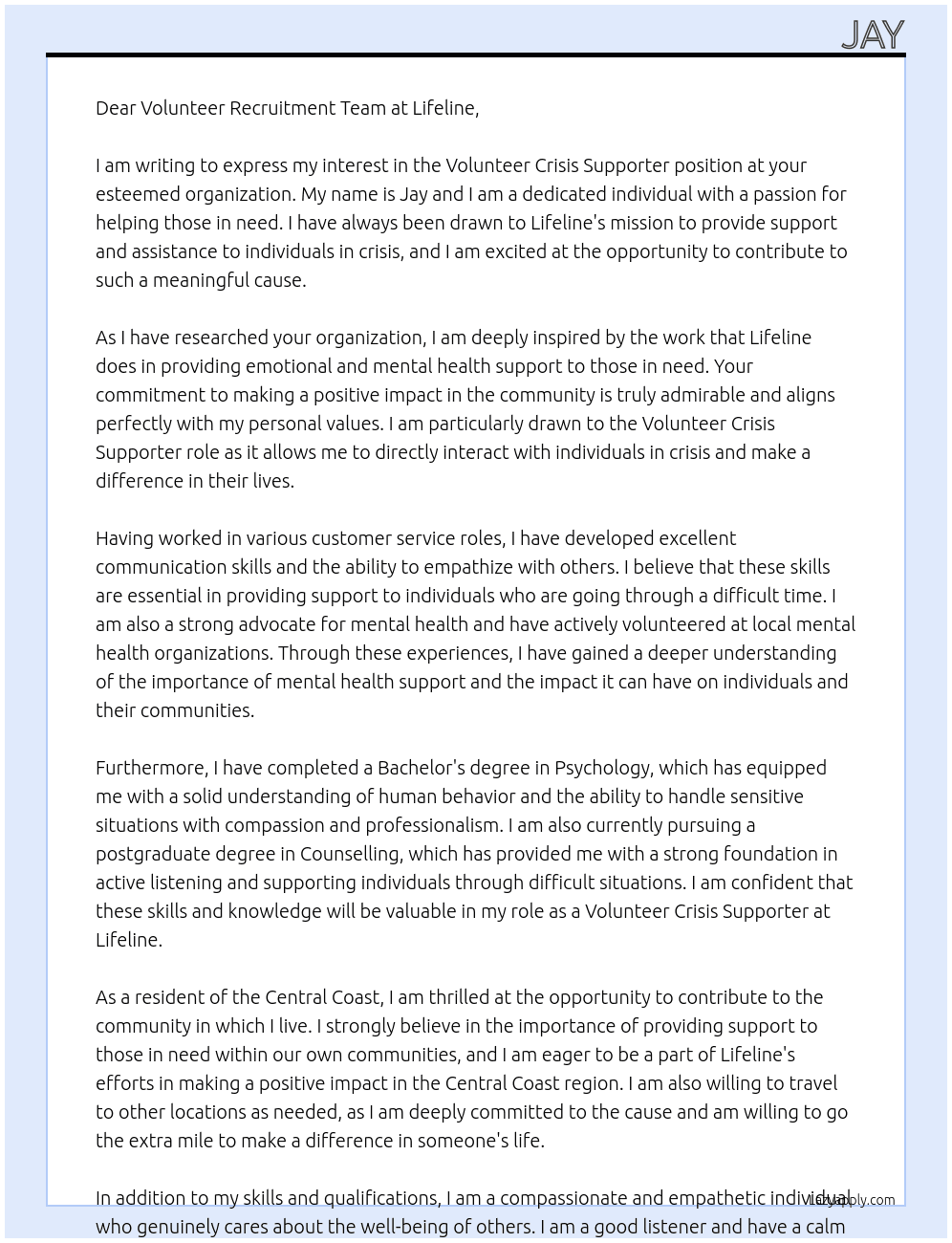 Crisis Supporter At Lifeline Cover Letter