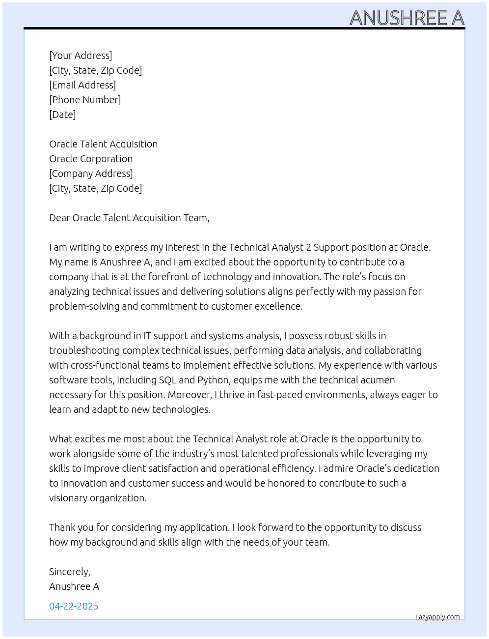 Cover letter for technical analyst 2 support - LazyApply