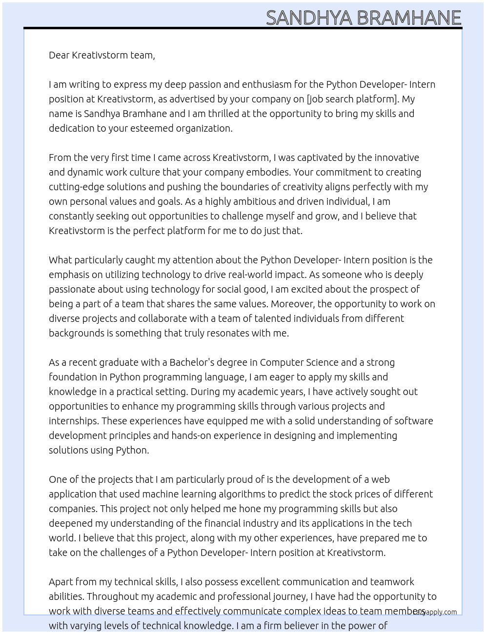 Python Developer - Intern At Kreativstorm Cover Letter