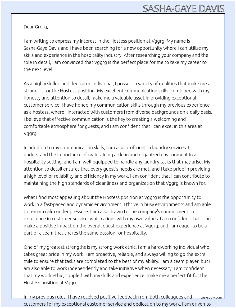 Hotess At vggrg Cover Letter