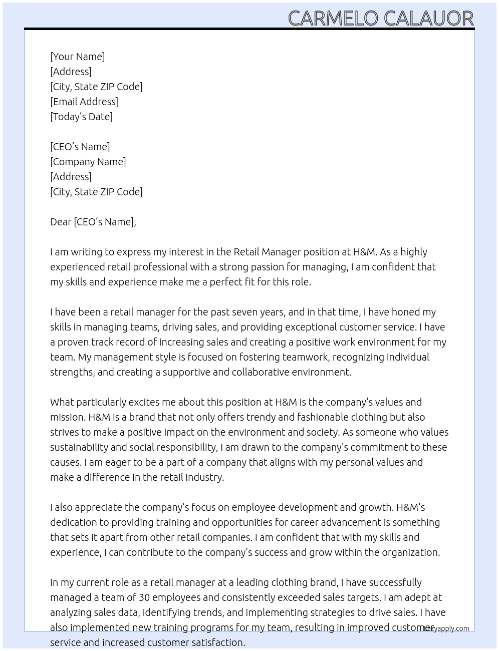 Retail manager At H&M Cover Letter