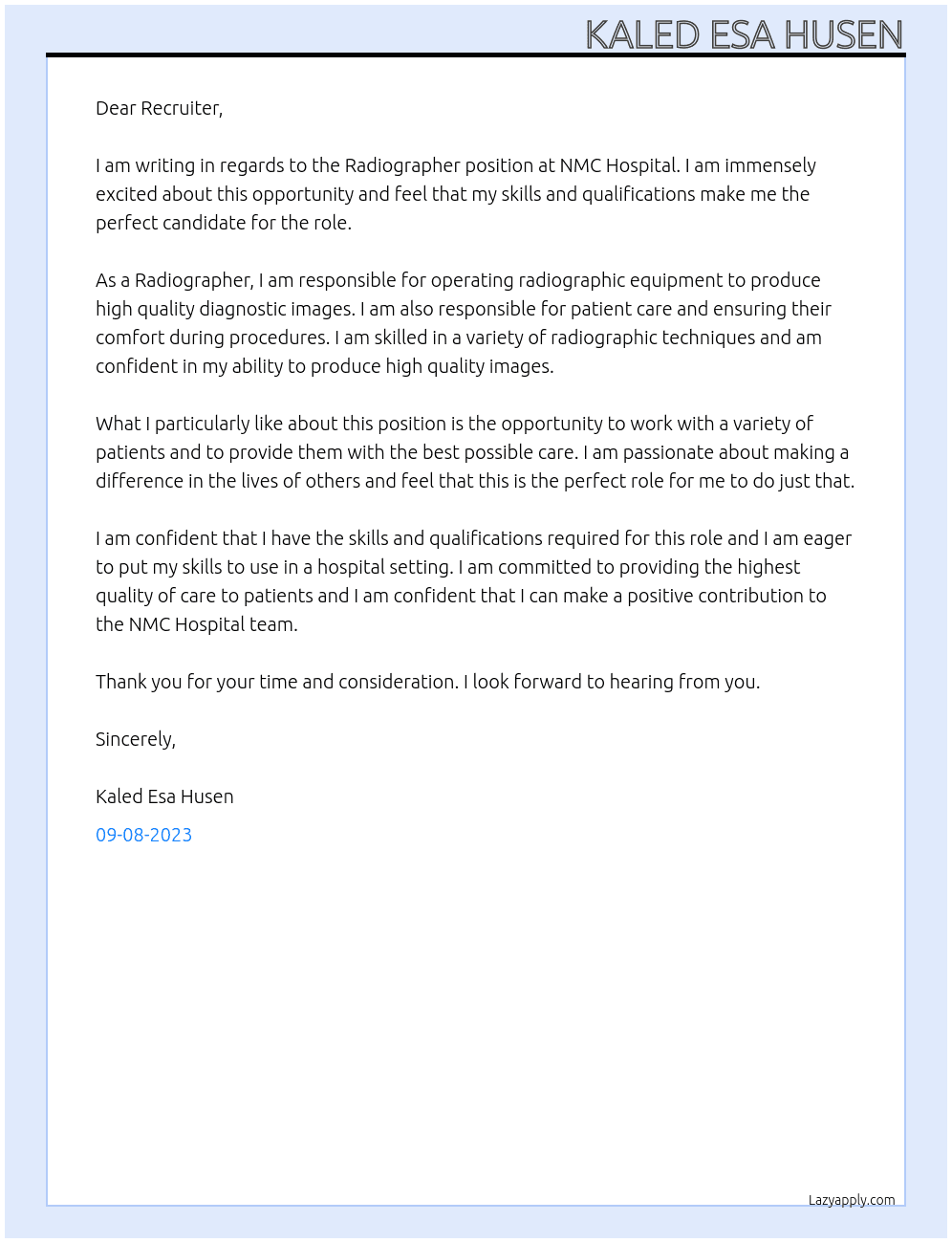 Radiographer At NMC Hospital Cover Letter