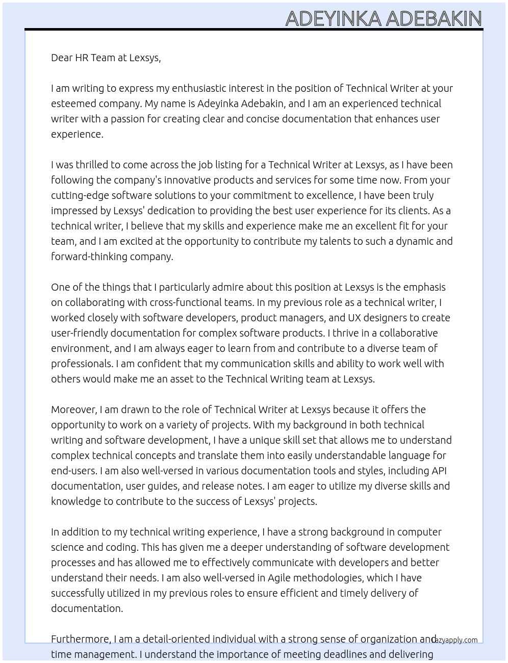 Technical writer At Lexsys Cover Letter