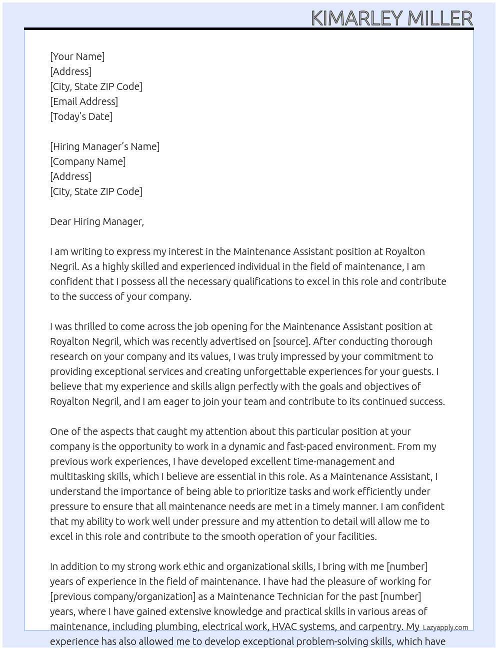 Maintenance Assistant At Royalton Negril Cover Letter