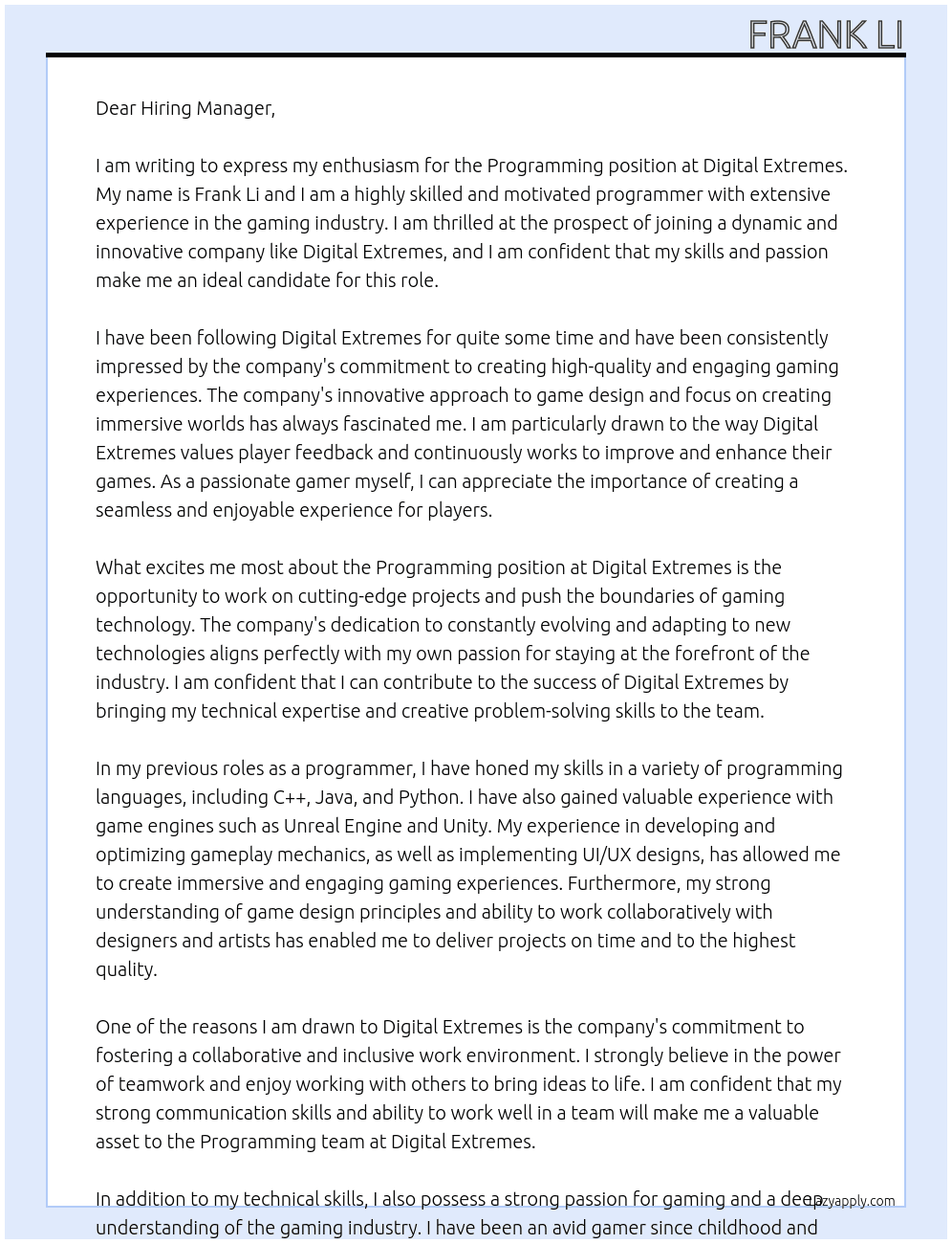 Programming At Digital Extremes Cover Letter
