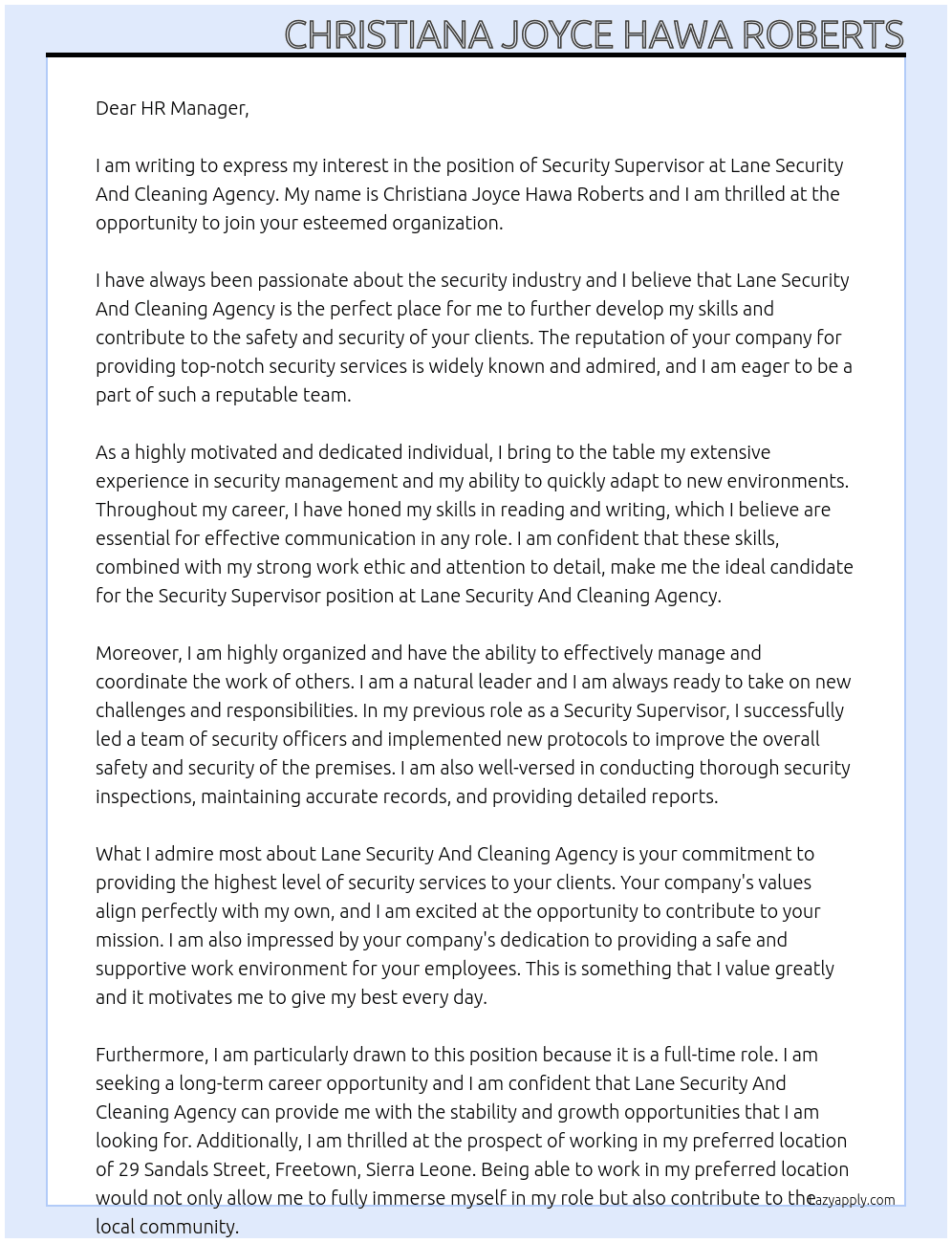 Security Supervisor At Lane Security And Cleaning Agency Cover Letter