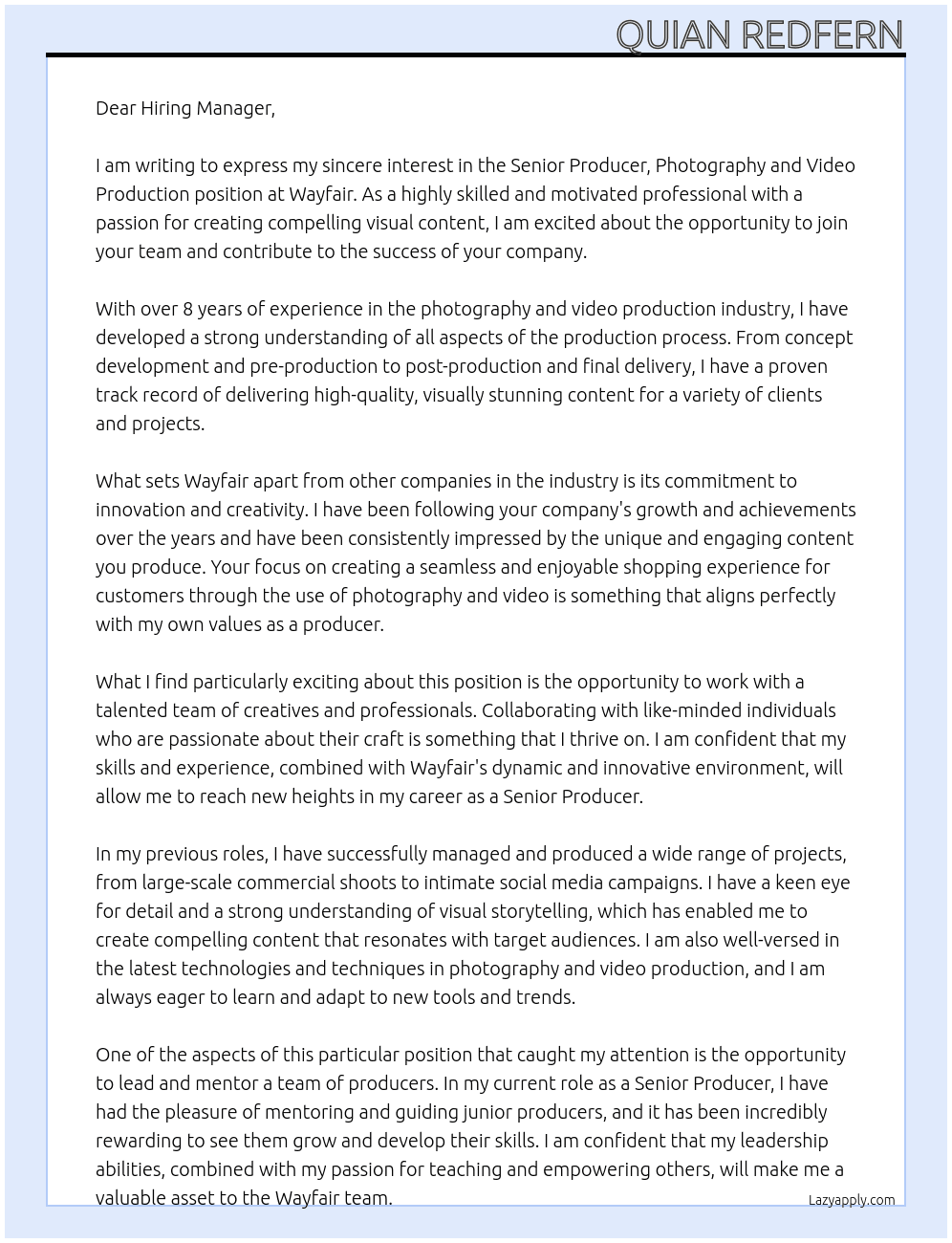 Senior Producer, Photography and Video Production At Wayfair Cover Letter