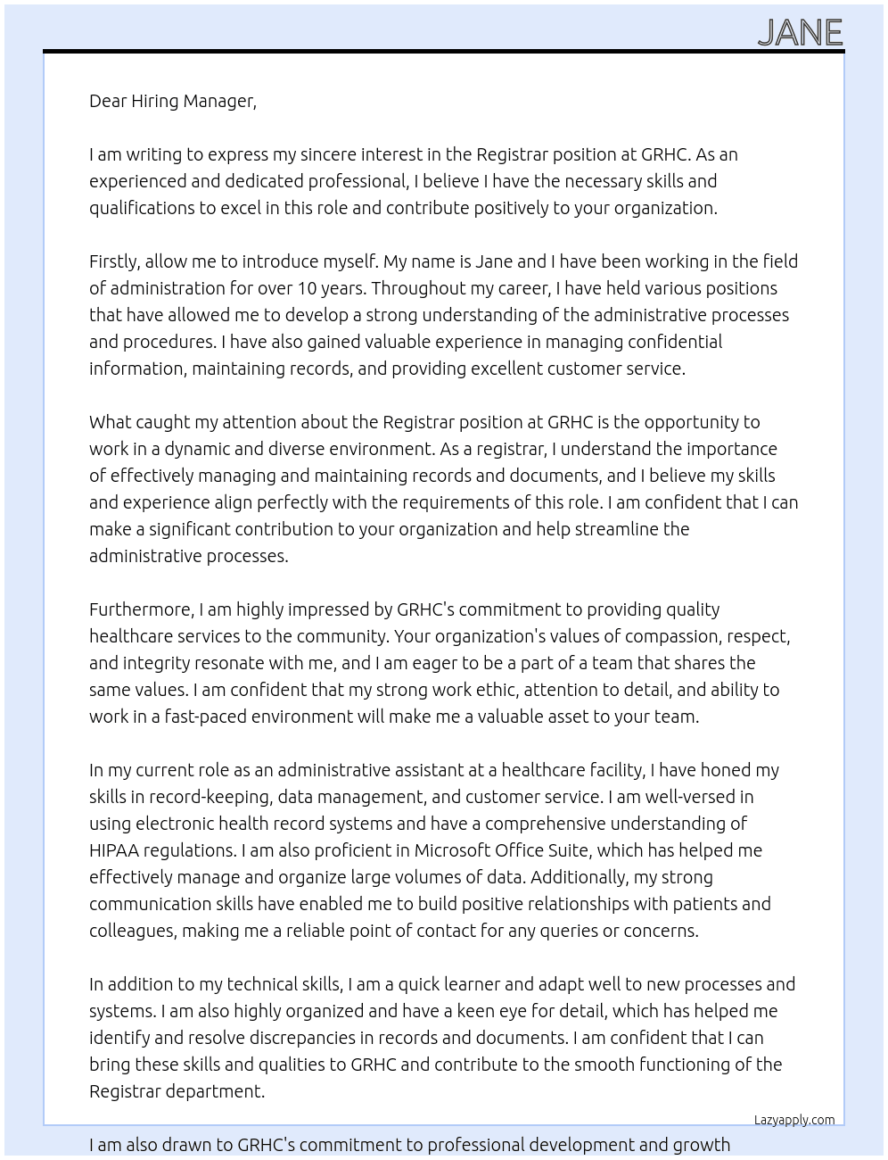 registrar At GRHC Cover Letter