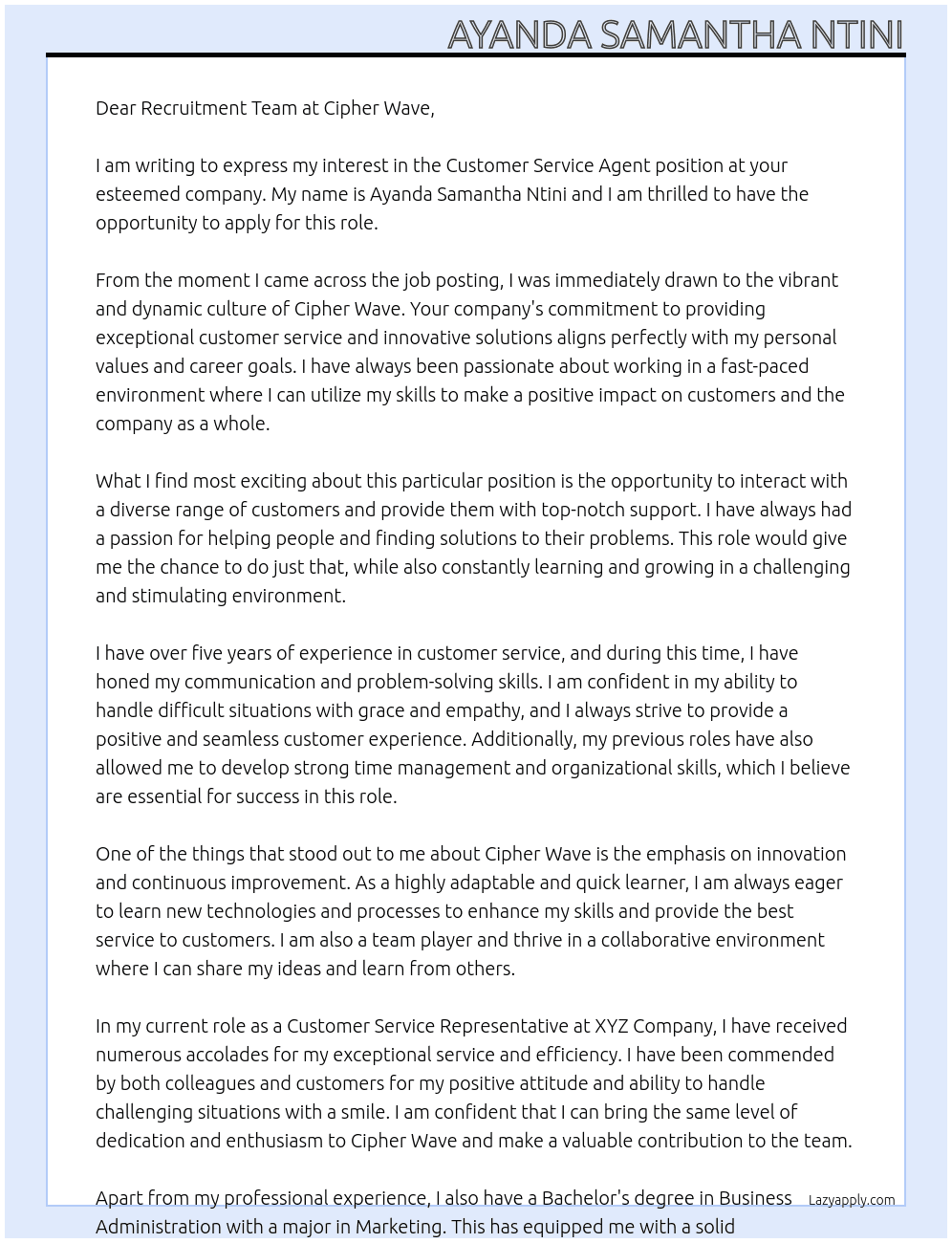 customer service agent At cipher wave Cover Letter