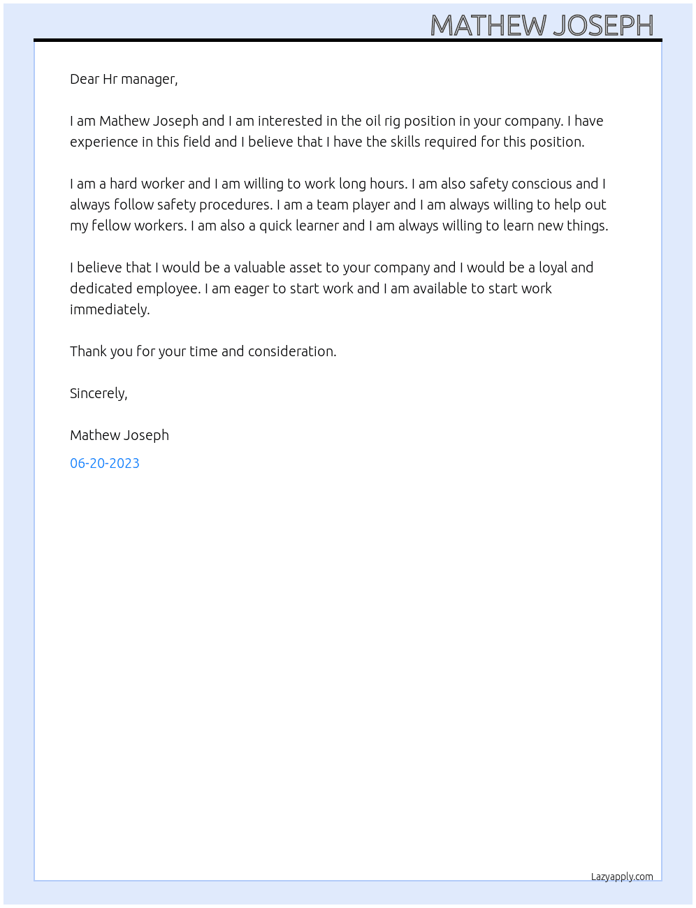 Oil rig At Oil Rigging company  Cover Letter