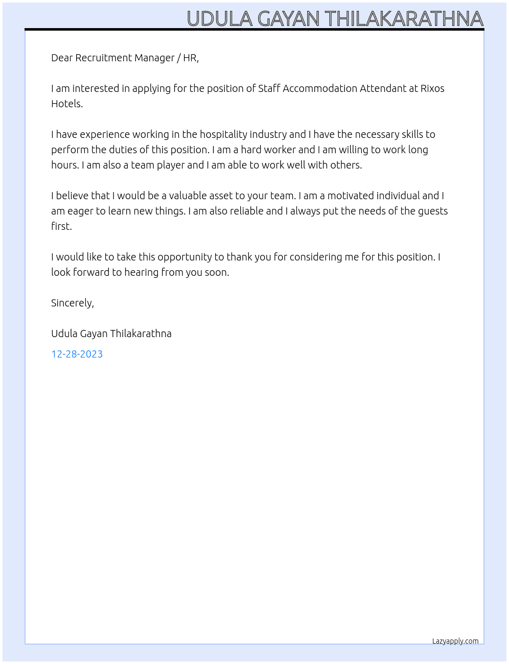 Staff Accommodation Attendant At Rixos Hotels Cover Letter