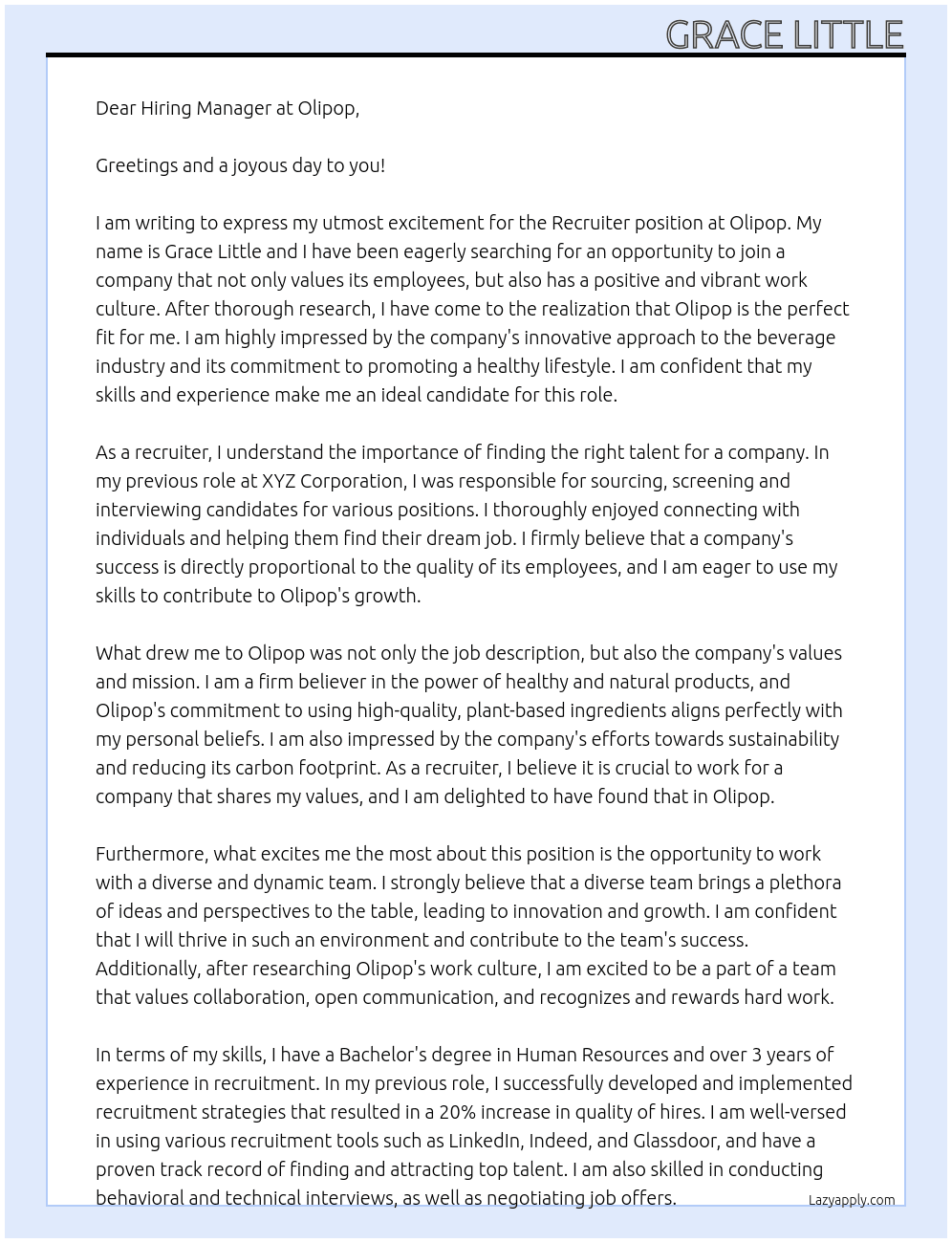 Recruiter At Olipop Cover Letter