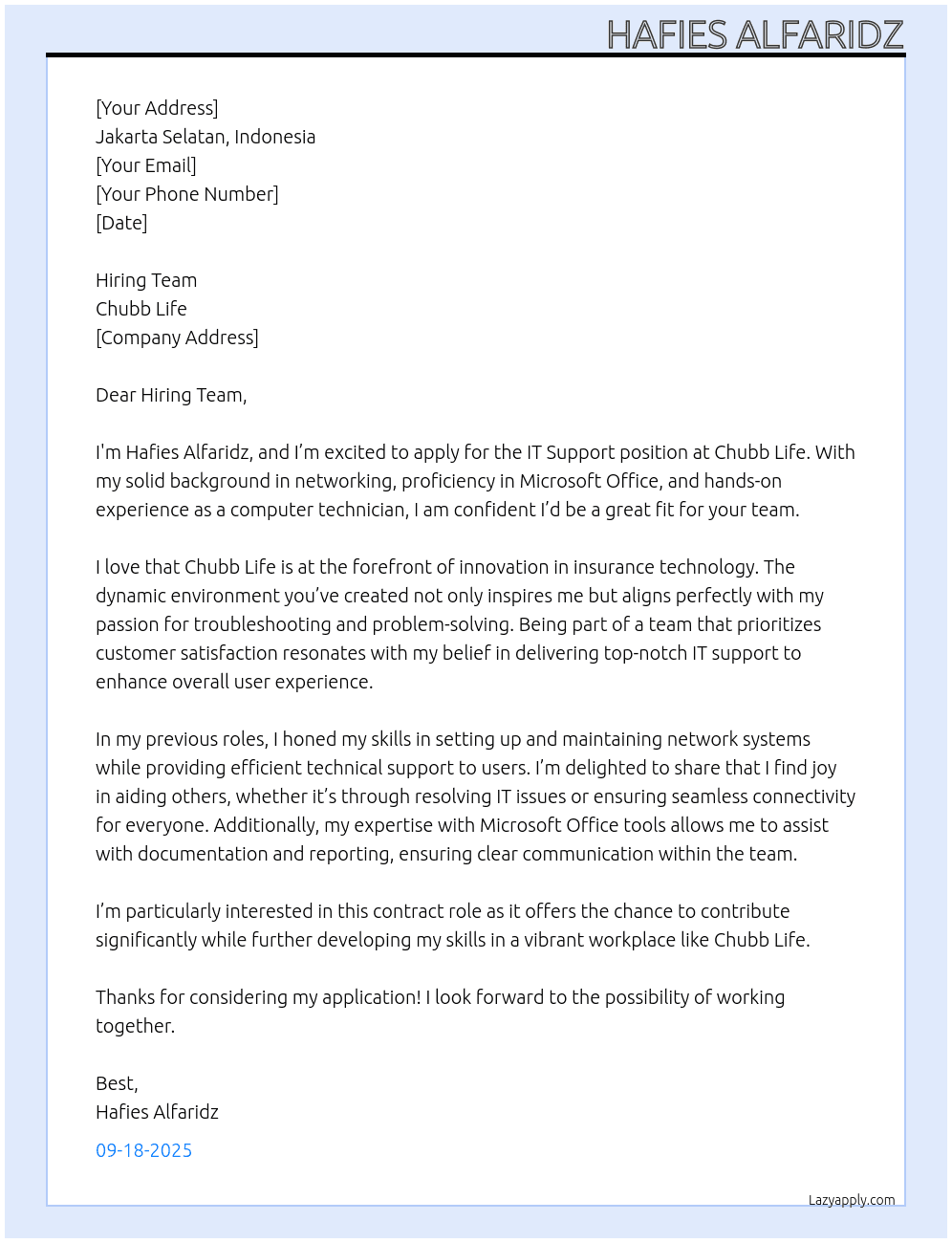 IT Support At Chubb Life  Cover Letter