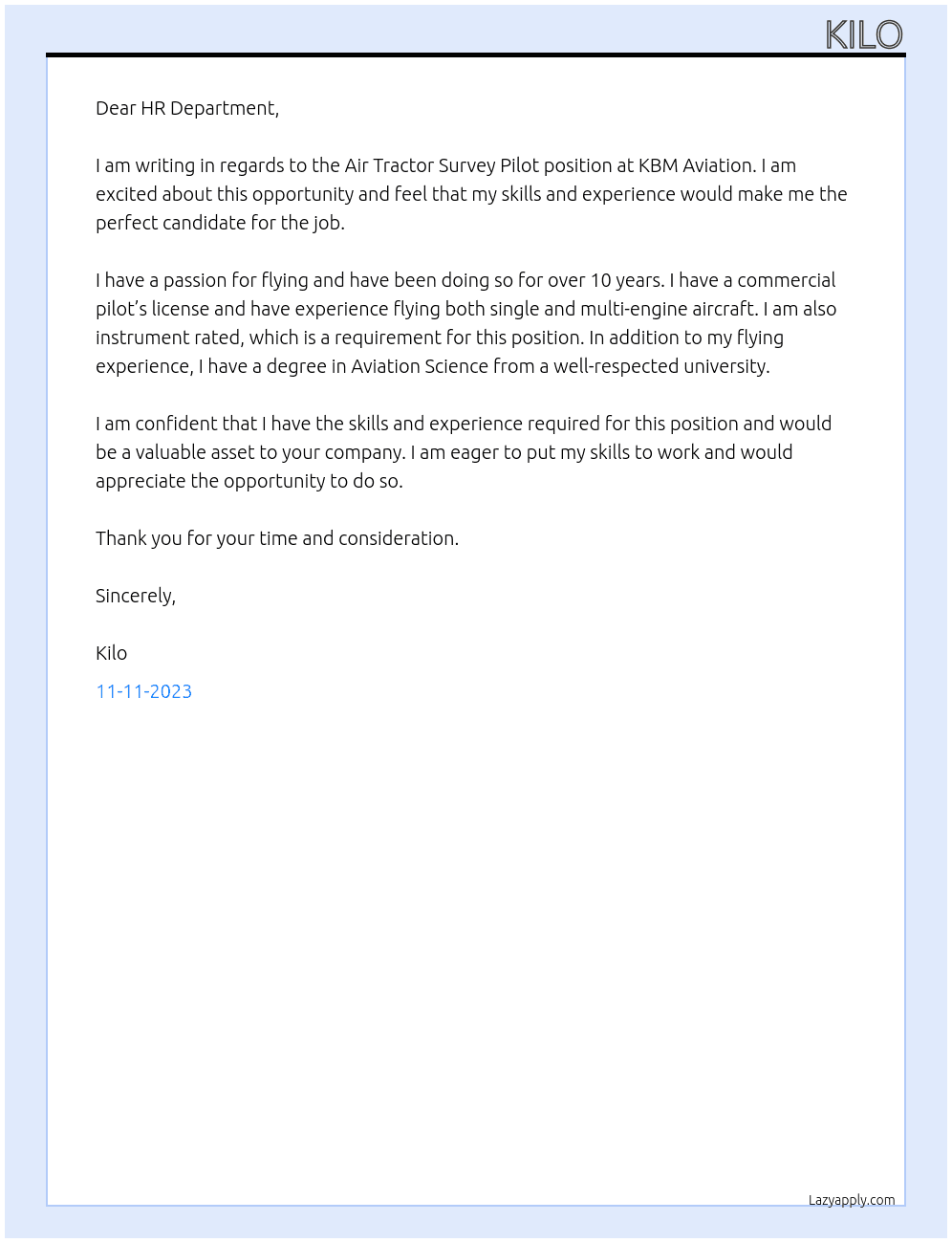 Air Tractor Survey Pilot At KBM Aviation Cover Letter