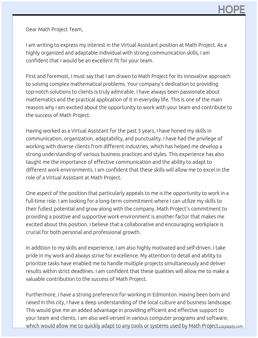 Virtual Assistant At Math PRoject Cover Letter