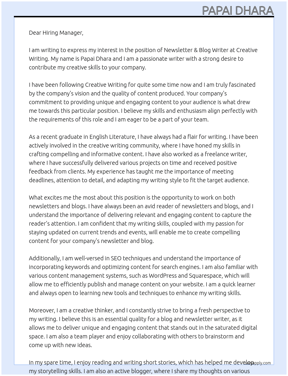 Newsletter & Blog writer needed   (entry level) At Creative Writing  Cover Letter