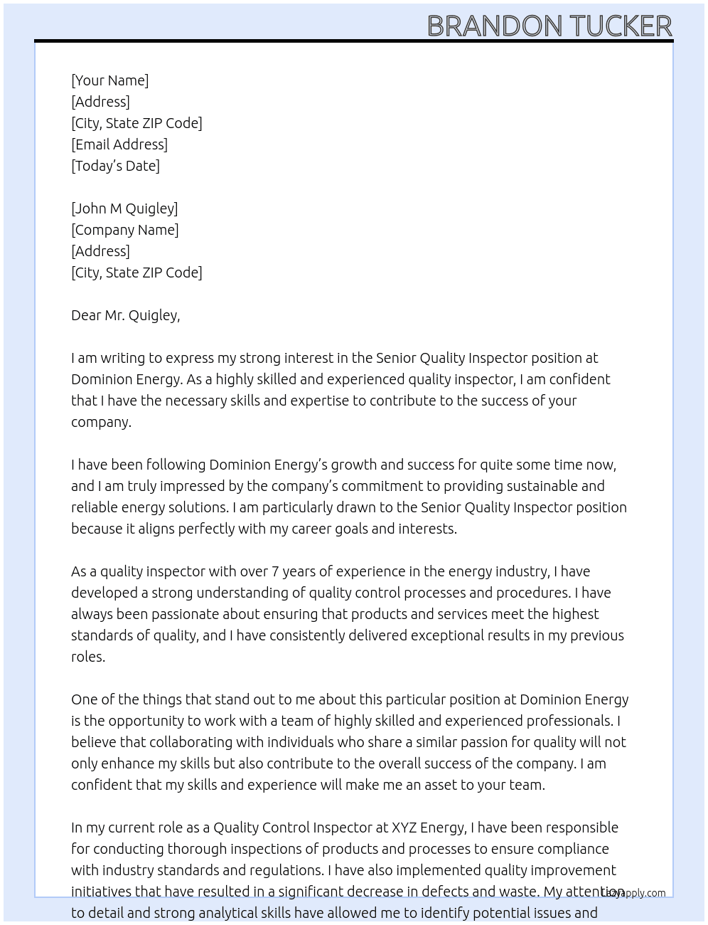 Senior Quality Inspector At Dominion Energy Cover Letter