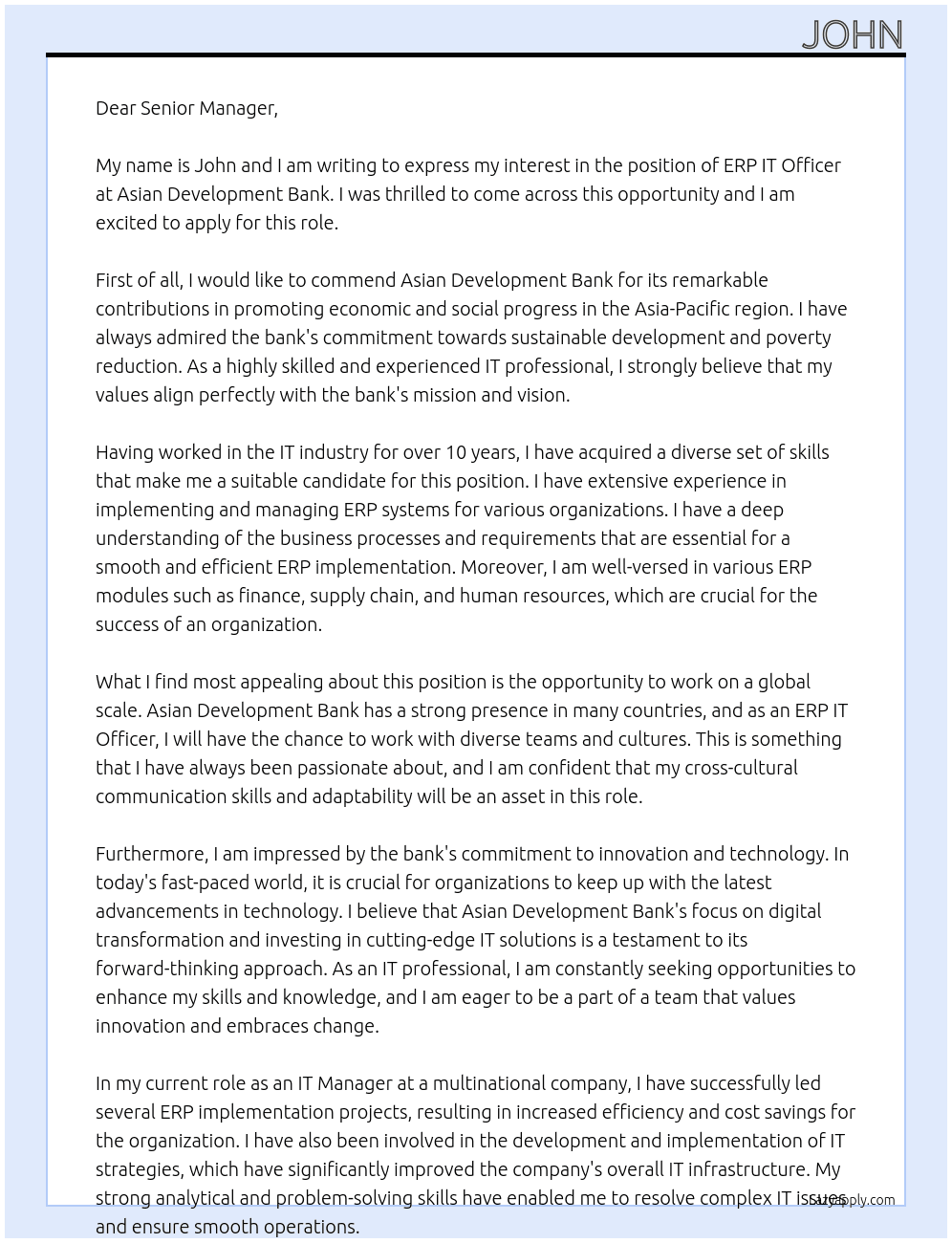 ERP IT Officer At Asian Development Bank Cover Letter