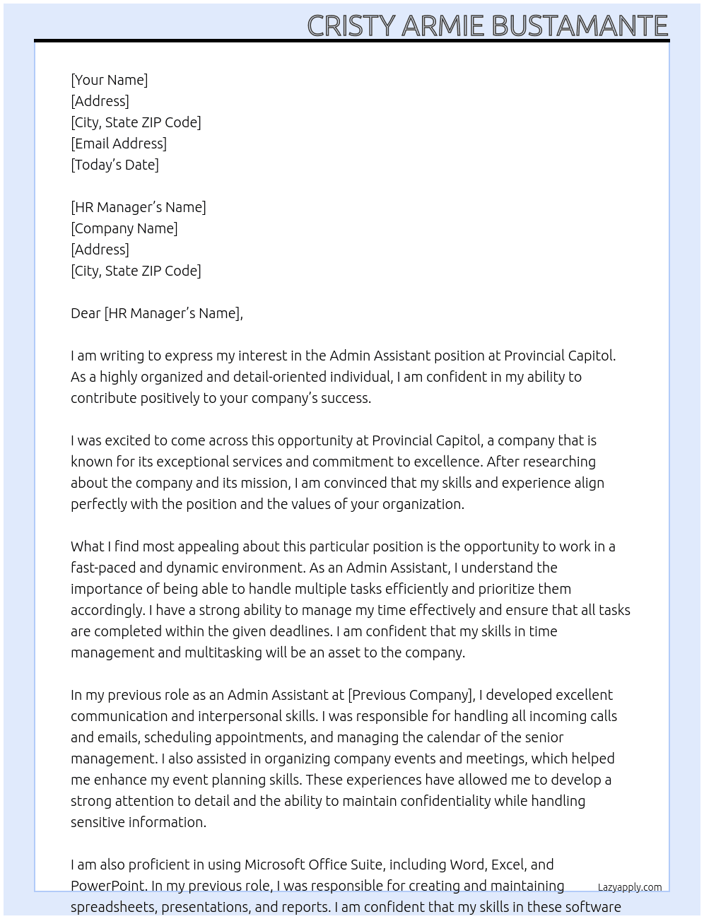 Admin Assistant  At Provincial Capitol  Cover Letter