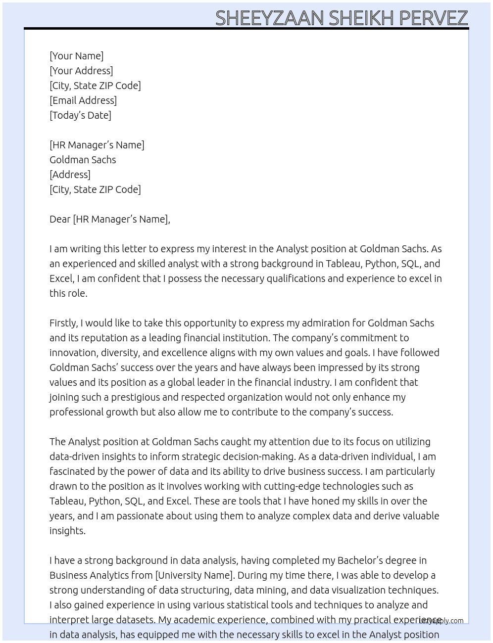 Analyst At Goldman Sach Cover Letter