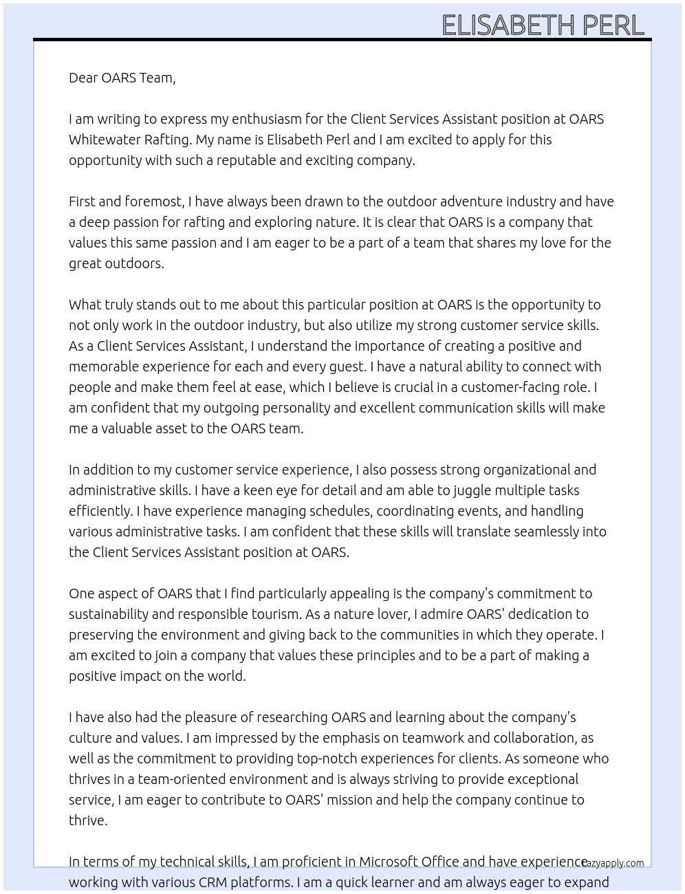 Client Services Assistant At OARS Whitewater Rafting  Cover Letter