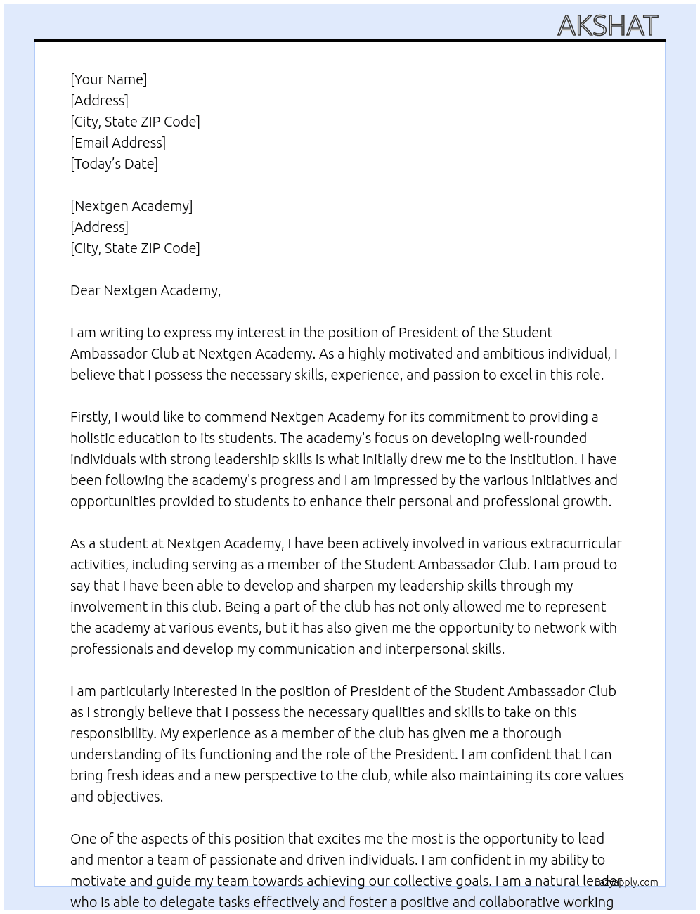 President of student ambassador club  At Nextgen  Cover Letter