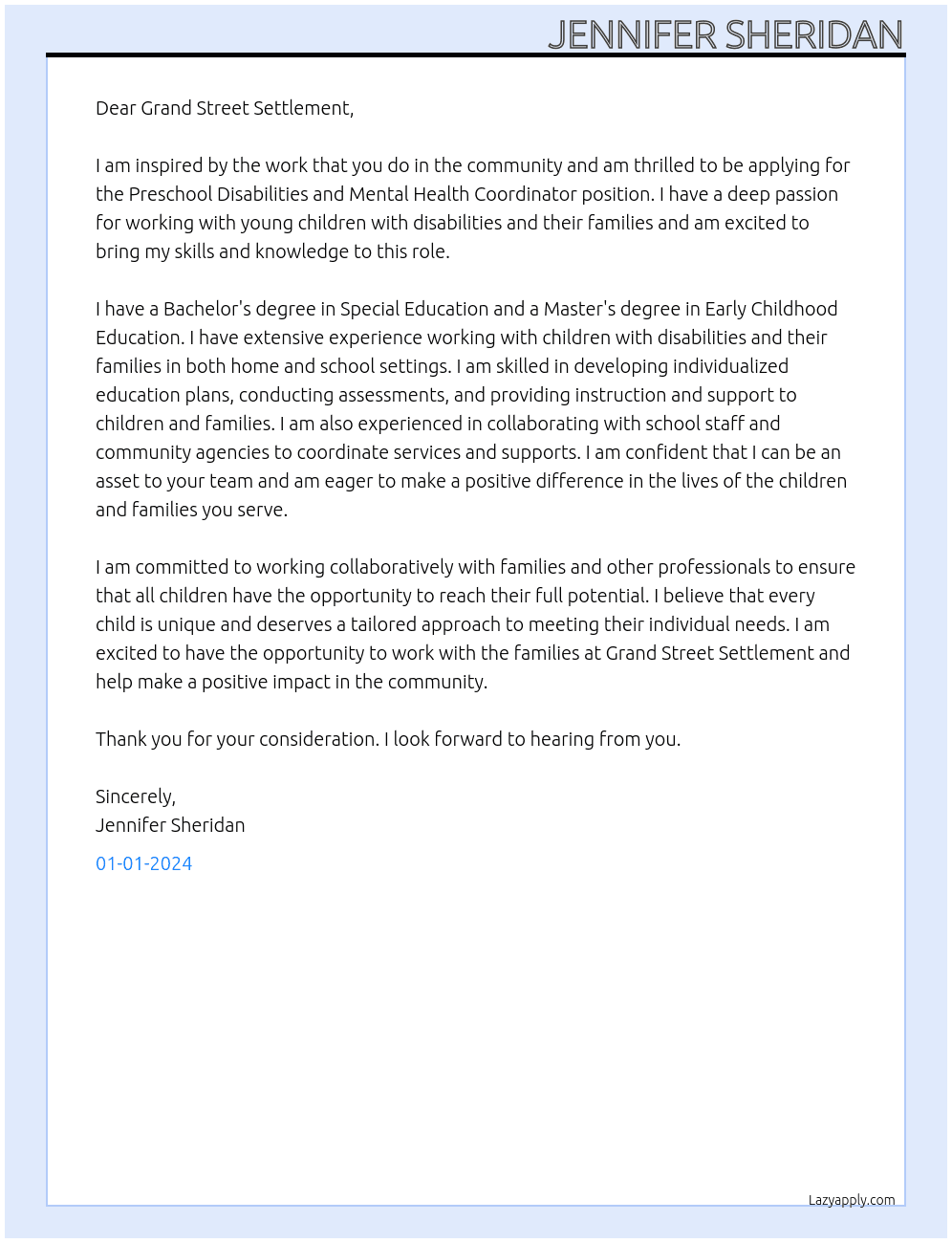 Preschool Disabilities and Mental Health Coordinator At Grand Street Settlement Cover Letter
