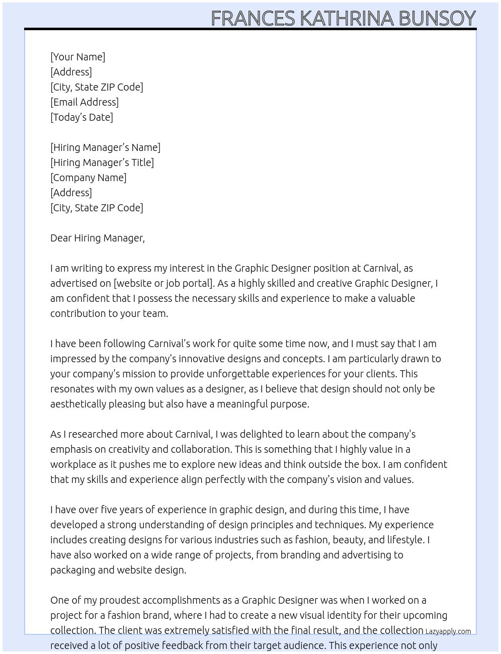 Graphic Designer At Carnival Cover Letter