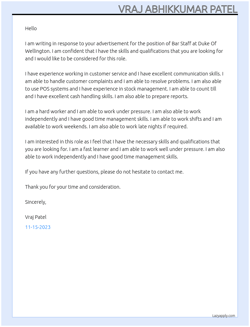 Bar Staff At Duke Of Wellington Cover Letter