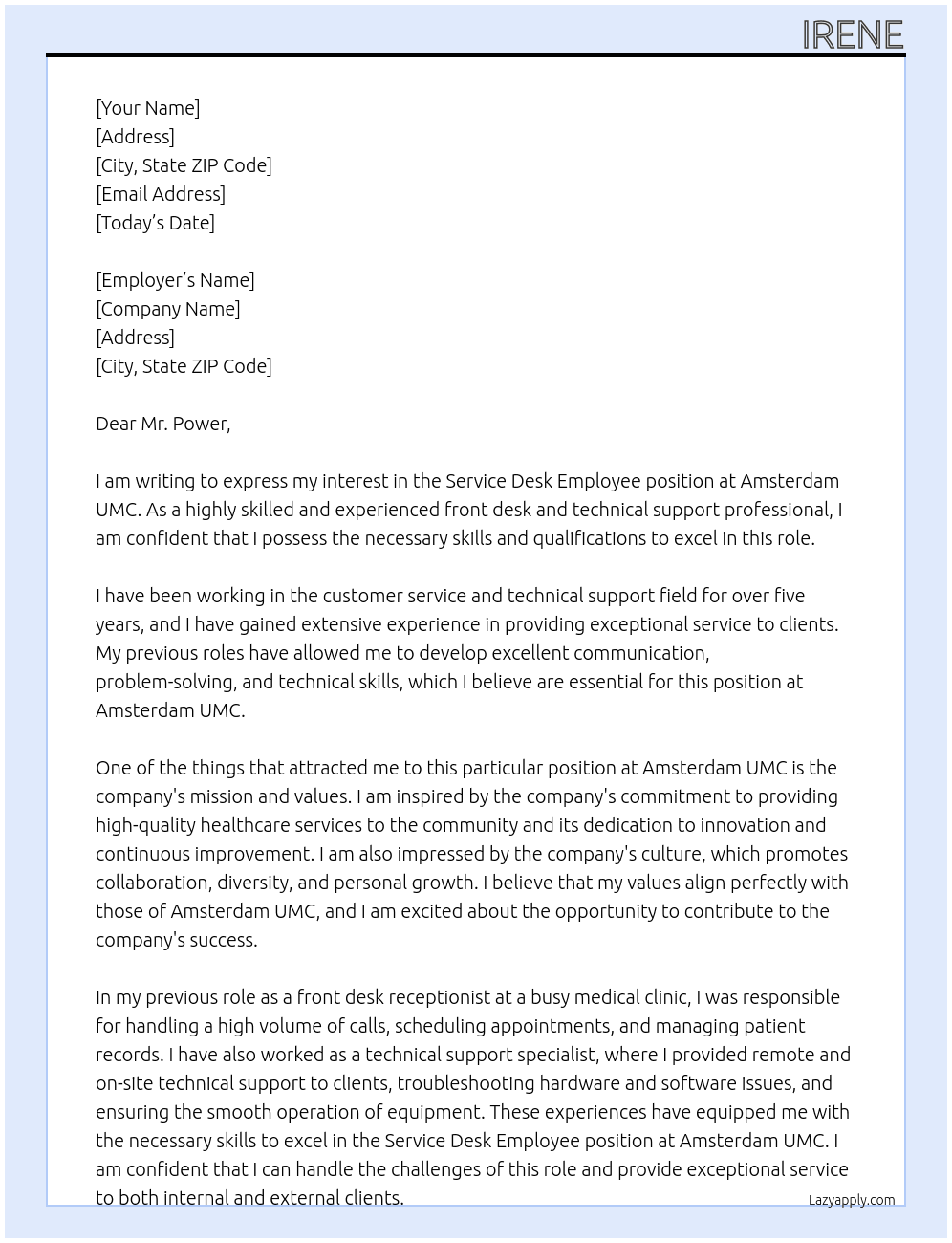 Service desk employee At amsterdam umc Cover Letter