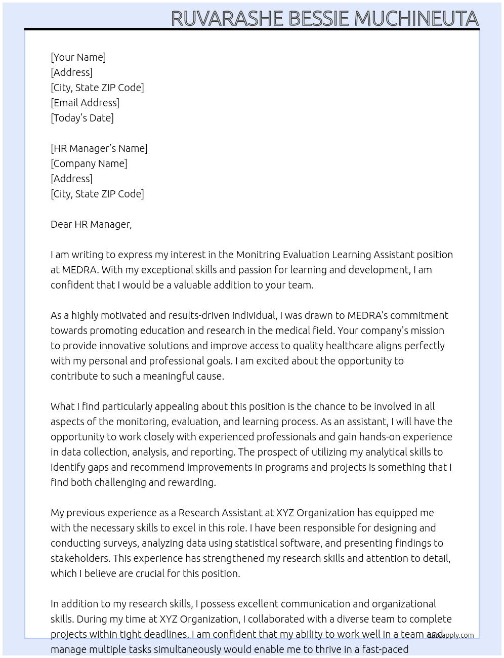 Monitring evaluation learning assistant At MEDRA Cover Letter