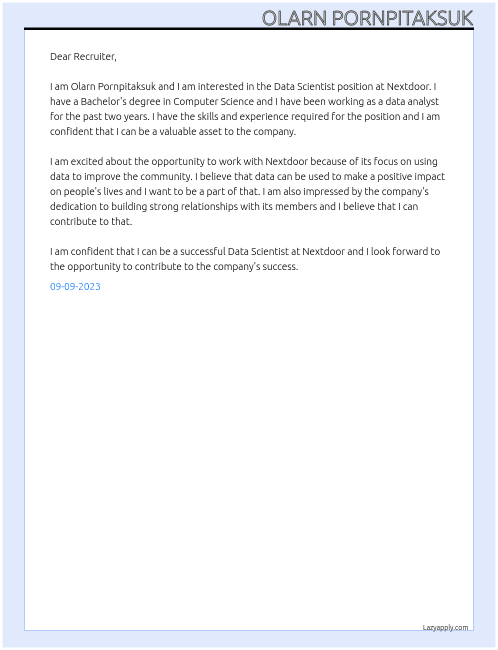Data Scientist At Nextdoor Cover Letter
