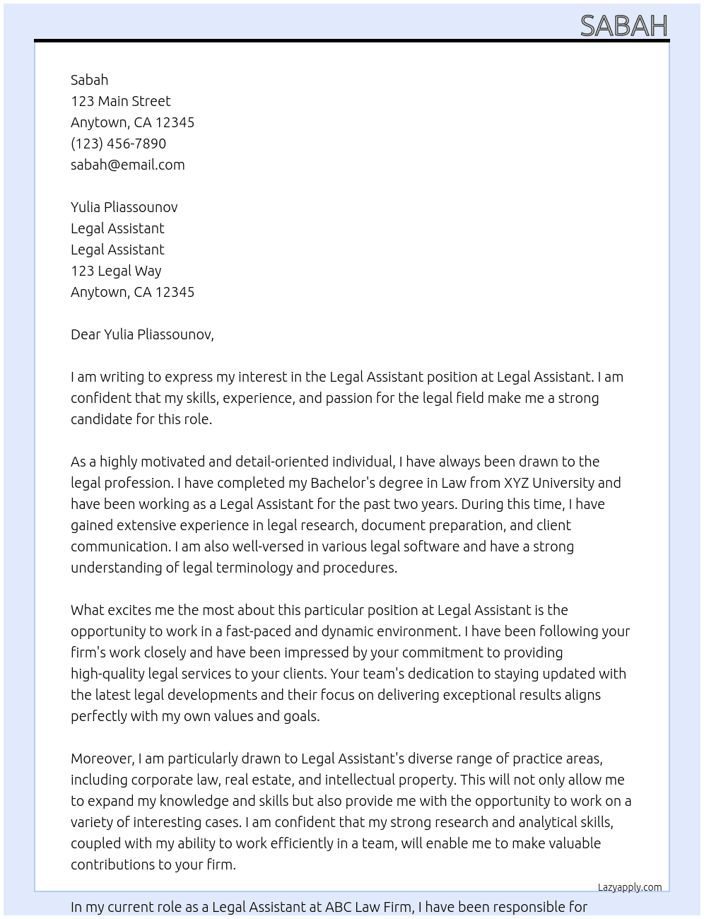 Legal Assistant  At Legal Assistant  Cover Letter