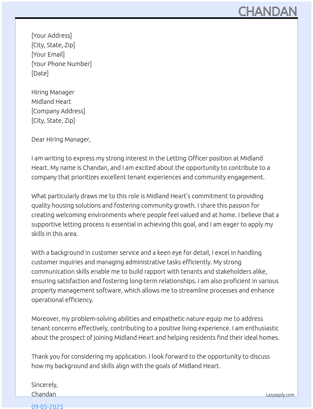 Letting officer  At Midland heart  Cover Letter