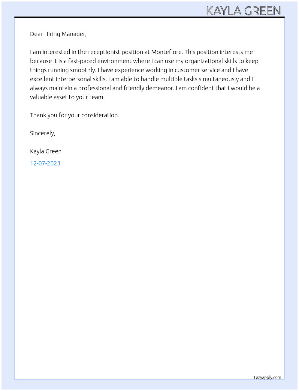 Receptionist  At Montefiore Cover Letter