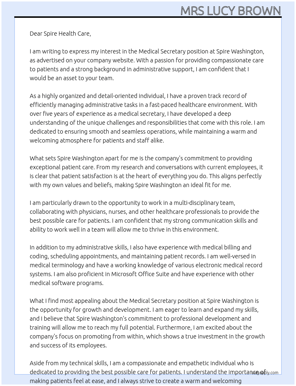 medical secretary At Spire Washington Cover Letter