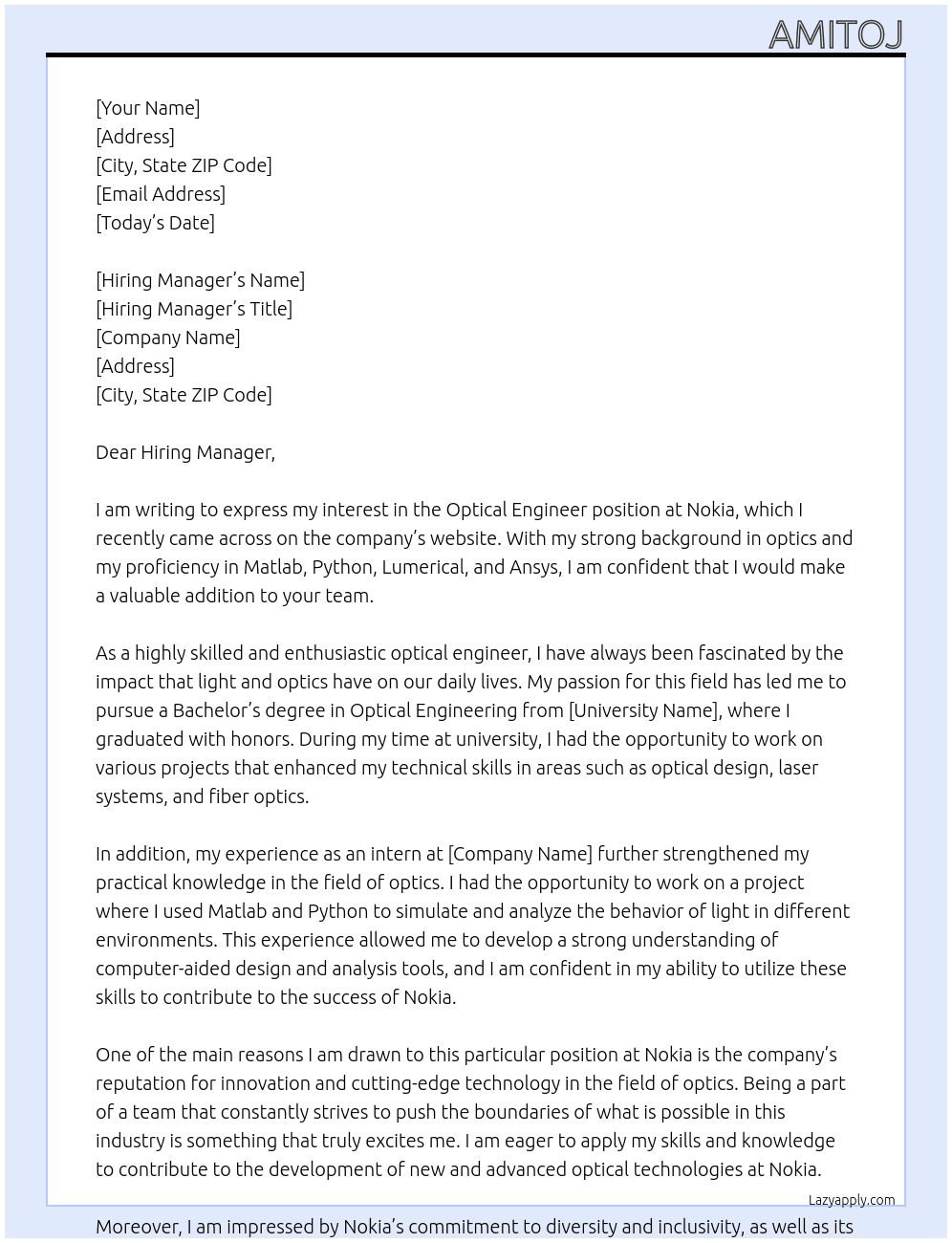 Optical Engineer At Nokia Cover Letter
