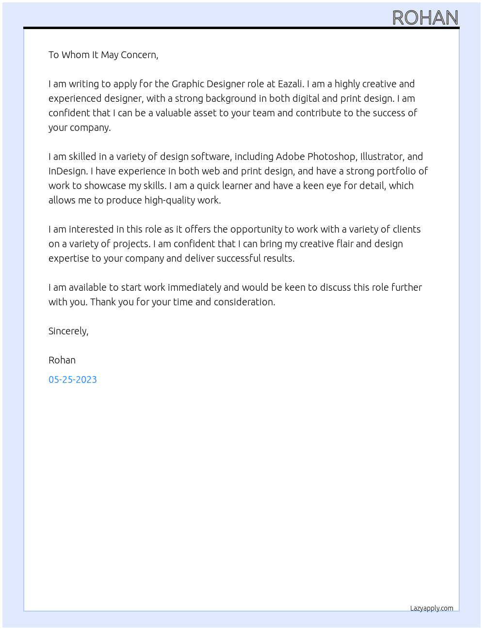 Graphic Designer At Eazali Cover Letter