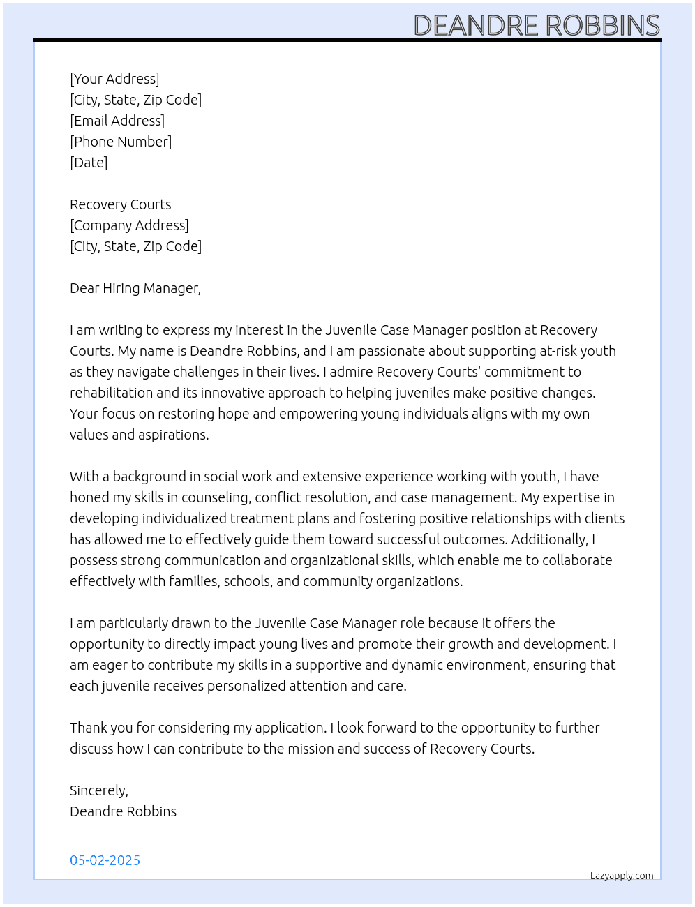 Juvenile Case Manager At Recovery courts Cover Letter