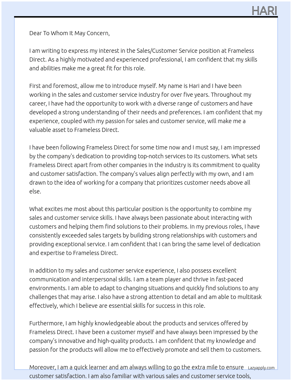 Sales/Customer Service At frameless direct Cover Letter