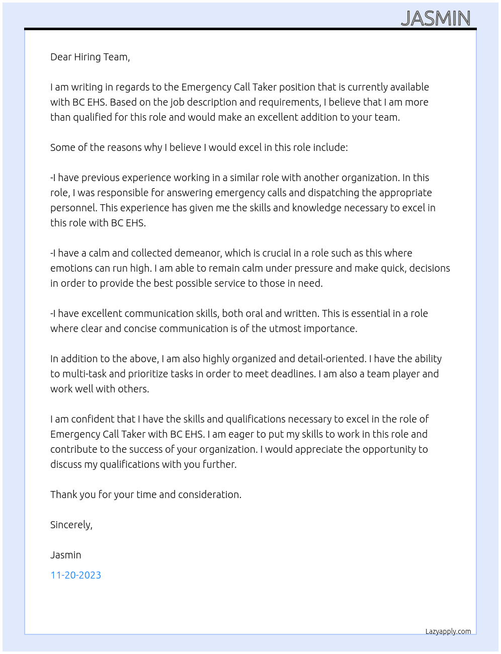Emergency call taker  At BC EHS Cover Letter