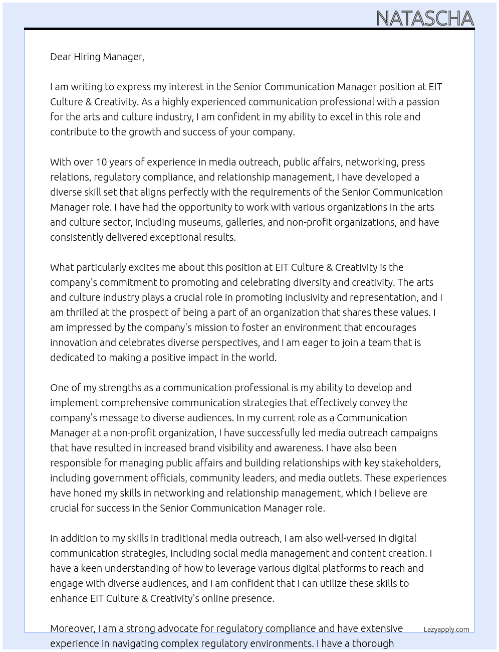 Senior Communication Manager  At EIT Culture & Creativity Cover Letter