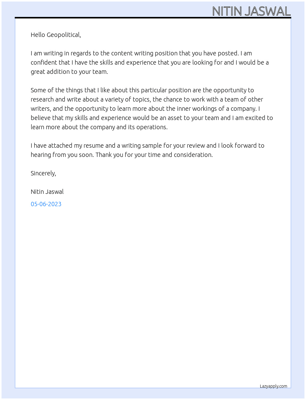 Content writing  At Geopolitical  Cover Letter