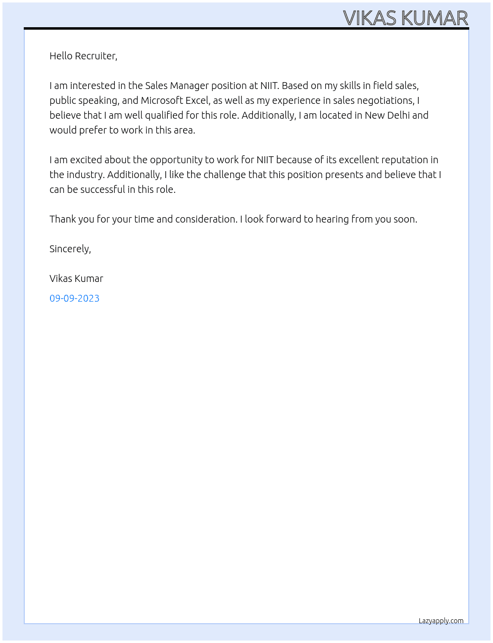 SALES MANAGER At NIIT Cover Letter